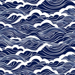 Create a repeating natural pattern with abstract wave shapes. Use a single color like deep blue. The pattern should be fluid and calming, ideal for ocean-themed fabric designs.