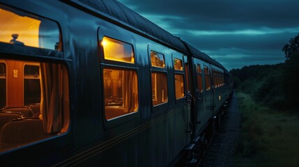 Obraz premium With a gentle sway the train moved steadily through the darkened countryside its glowing windows a beacon of light in the night.