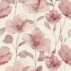 Generate a repeating natural pattern with simple, stylized flower outlines. Use a monochromatic palette with shades of pink. The design should be delicate and modern, perfect for minimalist fabric