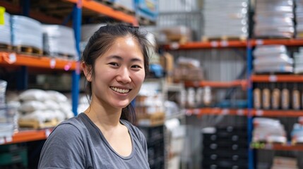 Portrait of smiling female warehouse worker in warehouse.