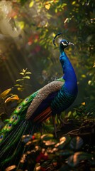 Obraz premium Peacock in a lush forest, vibrant and colorful with sunlight filtering through leaves. Wildlife and nature concept
