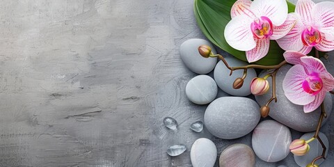 Spa orchid theme objects on grey background copy space