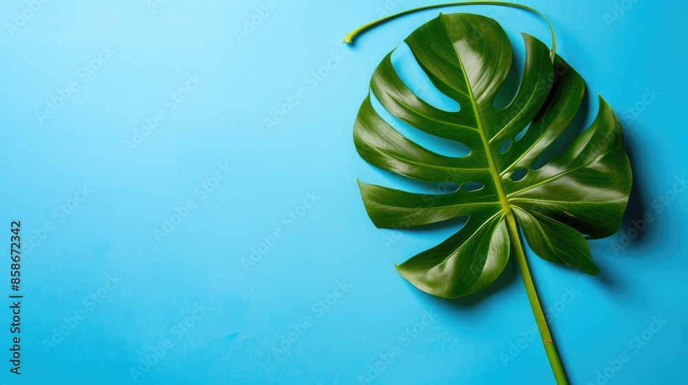 Wall mural minimal tropical background with monstera leaf on blue backdrop