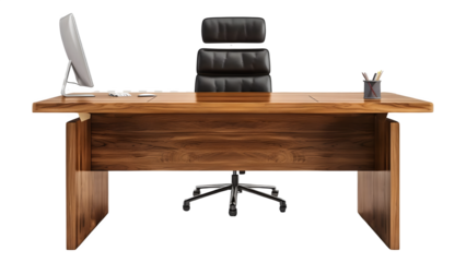 Office computer on desk with chair isolated on a transparent background, PNG