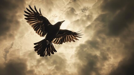 Naklejka premium Soaring blackbird with spread wings, stormy sky above, looking up, raw and vivid detail, capturing the turbulent scene