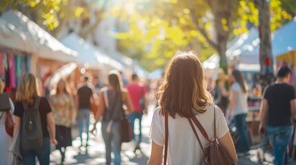 Naklejka premium The backdrop of the street art fair is a dreamlike blur with artists showcasing their unique styles.