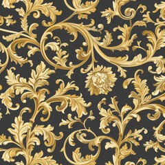 Generate a repeating Louis pattern with elaborate vine and leaf designs. Use a single color like antique gold. The design should be intricate and classic, perfect for luxurious fabric prints.