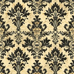 Create a repeating damask pattern featuring intricate floral motifs. Use a two-tone color scheme with gold and black. The design should be elegant and luxurious, perfect for high-end fabric prints.
