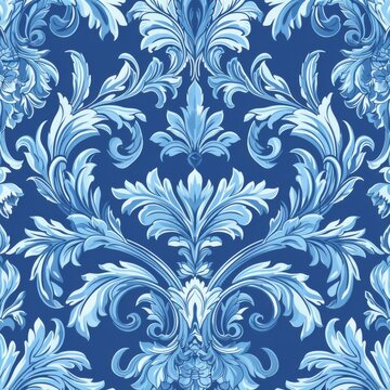 Design a repeating damask pattern with stylized acanthus leaves and scrolls. Use a monochromatic palette with shades of blue. The pattern should be sophisticated and timeless, ideal for classic