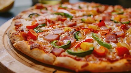 Close up of a tasty homemade pizza with veggies and ham on a white surface
