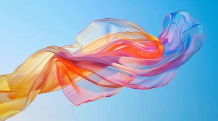 Against a blue sky background a lightweight foulard scarf flutters gently in the wind.