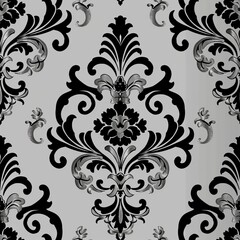 Create a repeating damask pattern with intertwined ribbons and floral accents. Use a two-tone color scheme with silver and black. The pattern should be elegant and timeless, perfect for formal fabric