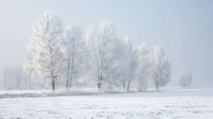 Wintry scene of frosty trees in a snow-covered field, calm and quiet atmosphere, raw texture and sharp detail