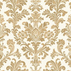 Generate a repeating damask pattern with elaborate scrollwork and floral elements. Use a single color like antique gold. The design should be intricate and classic, suitable for sophisticated fabric