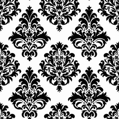 Create a repeating damask pattern with stylized quatrefoil elements and floral details. Use a two-color palette with black and white. The pattern should be elegant and timeless, perfect for high-end