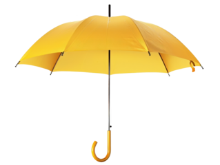A yellow umbrella is open and sitting on a white background