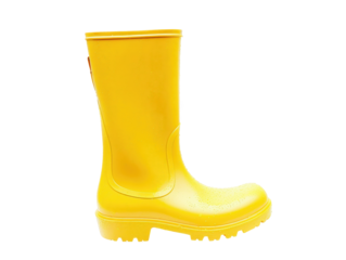 A yellow rain boot with a black logo on the side