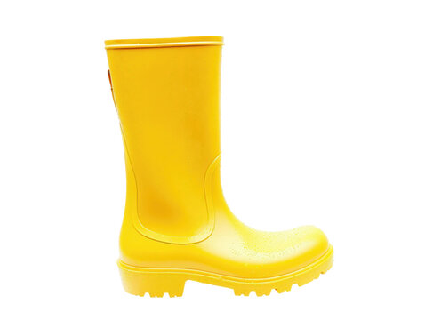 A yellow rain boot with a black logo on the side