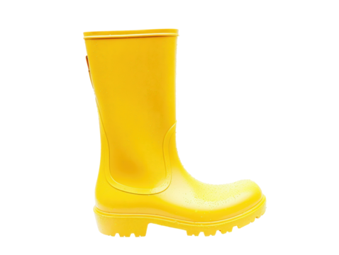 A yellow rain boot with a black logo on the side