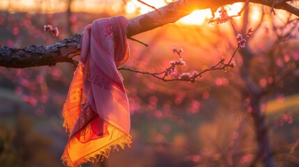 A hazy sunset with a pink and orange pashmina scarf hanging from a tree branch in the foreground creating a serene picture.