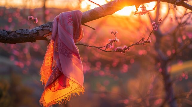 A hazy sunset with a pink and orange pashmina scarf hanging from a tree branch in the foreground creating a serene picture.