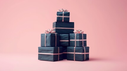 Naklejka premium Tower of dark gift boxes, pastel pink background, elegant and simple, raw and vivid detail, contrasting colors