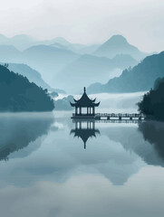 Fototapeta premium Serene Lake with Pagoda and Misty Mountains in the Background