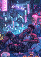 Urban Nightscape: A Stylish Illustration Featuring a Man in Camouflage Clothing, Surrounded by Neon Signs, Street Lamps, and a City Skyline at Night