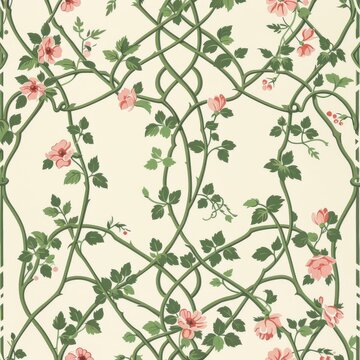 Create a repeating trellis pattern featuring intertwined vines and floral elements within each lattice section. Use a two-color palette with soft shades of pink and green for a romantic and