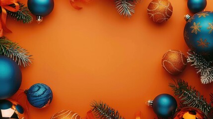 Christmas decorations on an orange background top down view room for text