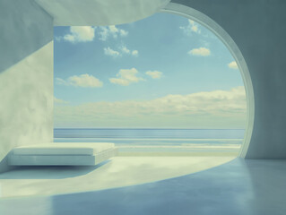 Fototapeta premium Modern Minimalist Beachfront Room with Large Circular Window Overlooking Ocean 