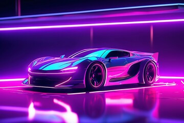 Obraz premium Close up of a car with neon lights on floor. Perfect for backgrounds, automotive articles, nightlife concepts, and urban design themes.