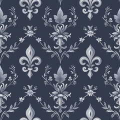 Design a repeating Fleur De Lis pattern with fleur de lis motifs surrounded by delicate floral embellishments. Use a two-color palette with silver and navy blue for a refined and sophisticated look.