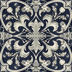 Design a repeating Fleur De Lis pattern with fleur de lis motifs surrounded by delicate floral embellishments. Use a two-color palette with silver and navy blue for a refined and sophisticated look.