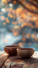 Two ceramic bowls on a wooden table with bokeh background
