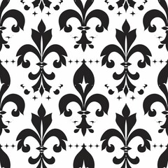 Design a repeating Fleur De Lis pattern with fleur de lis motifs arranged in a scattered, random layout. Use a two-color palette with contrasting colors such as black and white for a graphic and