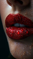 red lips close up, very textured, red rose in the mouth, black background - generative ai