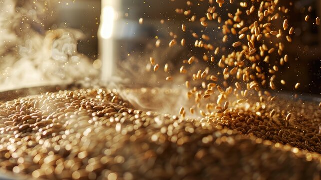 Adding malt to brewery vat with motion blur and steam blurred background with focus and text space