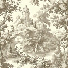 Design a repeating Toile de Jouy pattern with floral motifs intertwined with architectural elements. Use a two-color palette with ivory and taupe for a refined and elegant design.