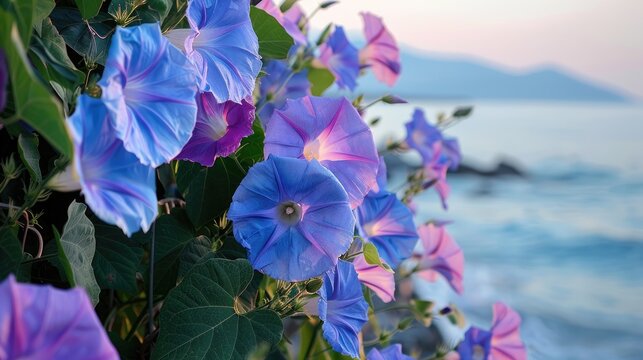 Blooming morning glories at the seaside