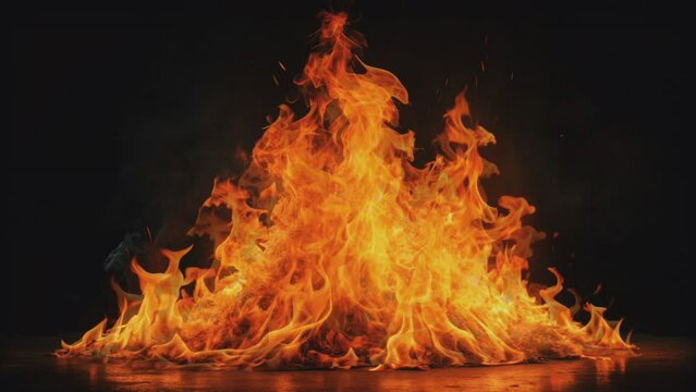 Red hot flames of campfire in the darkness. Upper part of bonfire isolated at black backdrop. graphic resources footage