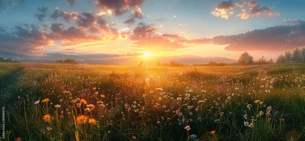 Canvas Prints Beautiful Panoramic Meadow at Sunrise with Sun Rays Scenic Spring Countryside Landscape