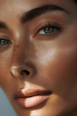 Obraz premium Detailed Close-Up of a Young Woman in Her 30s with Glowing, Healthy Skin, Without Makeup
