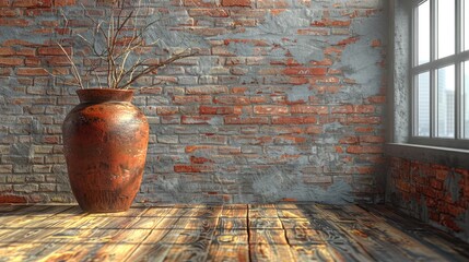 Interior background of room with brick wall, vase with branch and door 3d rendering An inviting living room interior adorned with a stucco wall  
