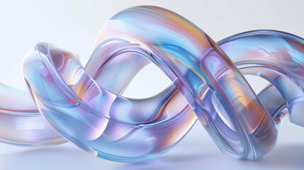 Futuristic iridescent glass shapes 3D render twisted spiral rings holographic modern design white background space for text
