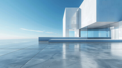 Obraz premium 3D Render of Minimalist Architecture with Empty Concrete Floor Under Blue Sky