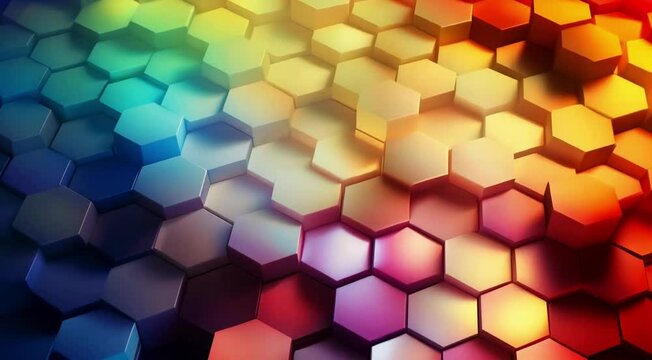 Abstract Gradient Honeycomb moving back and forth. Hexagon Grid Cells Pattern. Rainbow Geometric Glass Shapes