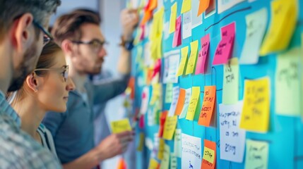 Continuous improvement Kaizen Kaizen Team brainstorming with sticky notes on a bright board