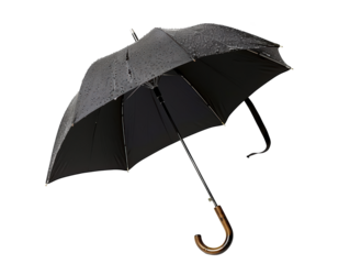 A black umbrella is open and is raining