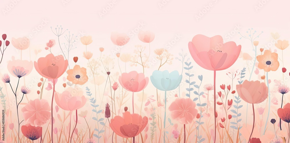 Poster cute floral background with a variety of pink, blue, and red flowers, including hearts and balloons, set against a pink wall